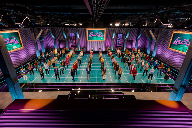 The Floor broadcast stage with contestants on LED floor
