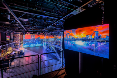 Viewing screen and display in broadcast studio